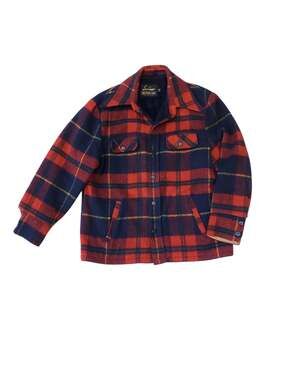 Vintage Sears Outdoor Lumberjack Wool Shacket Shirt Jacket Red Buffalo Plaid 42R